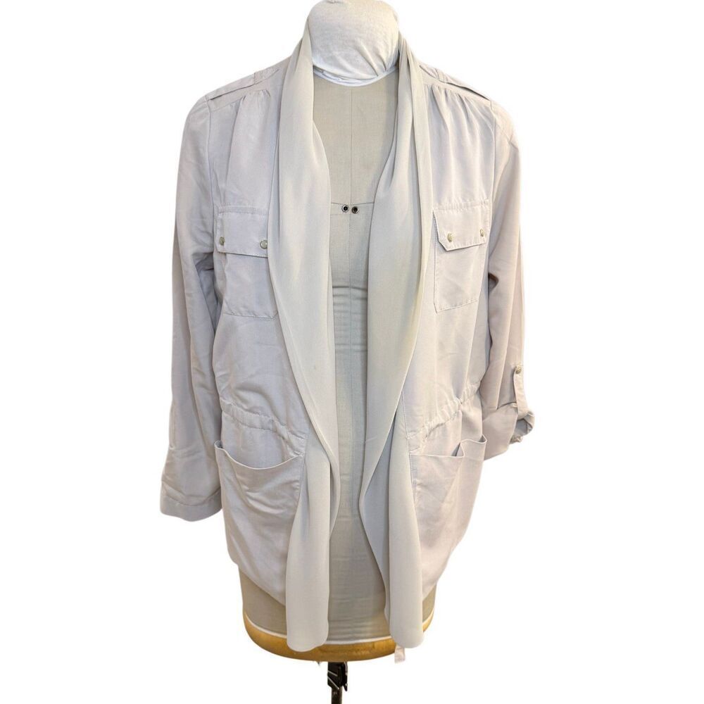 Chico’s Utility Jacket Open Front Drape Lapels Roll Tab Sleeve XL Khaki Lightwei